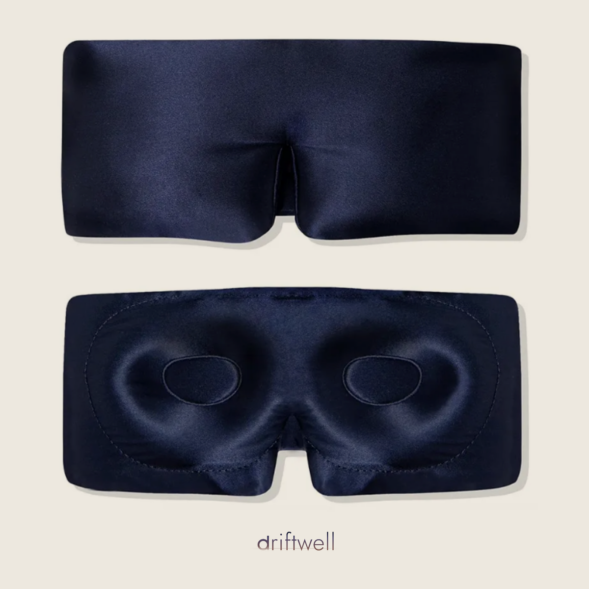 Driftwell Contour Silk Sleep Mask in Navy, shown from the outside and from the inside with both moulded eye cups