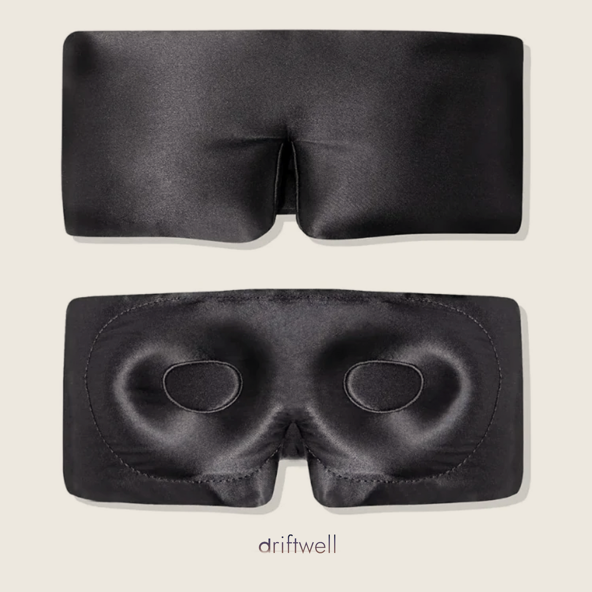 Driftwell Contour Silk Sleep Mask in Black, shown from the outside and from the inside with both moulded eye cups