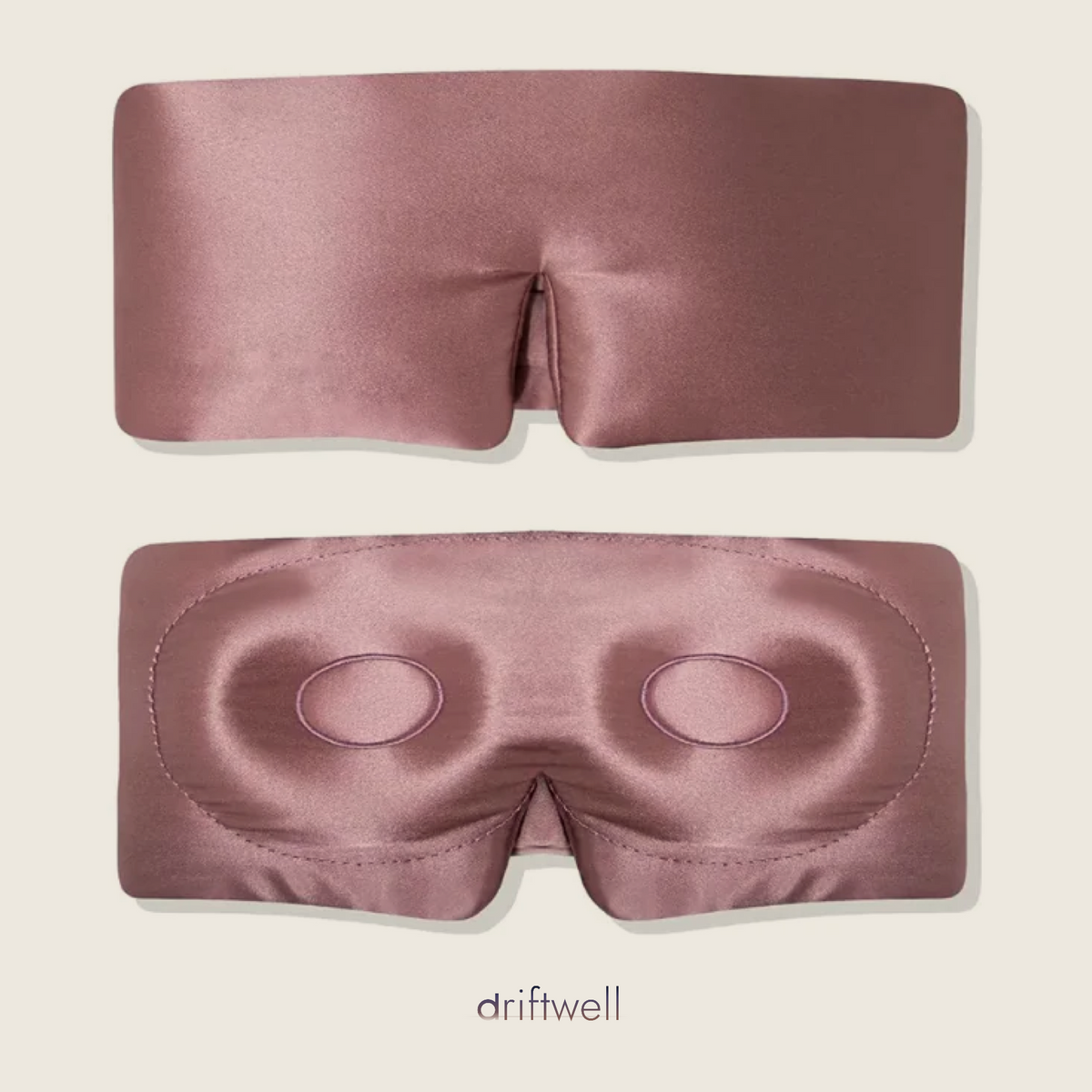 Driftwell Contour Silk Sleep Mask in Cameo Brown, shown from the outside and from the inside with both moulded eye cups