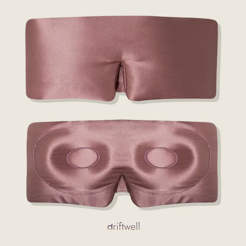 Driftwell Contour Silk Sleep Mask in Cameo Brown, shown from the outside and from the inside with both moulded eye cups