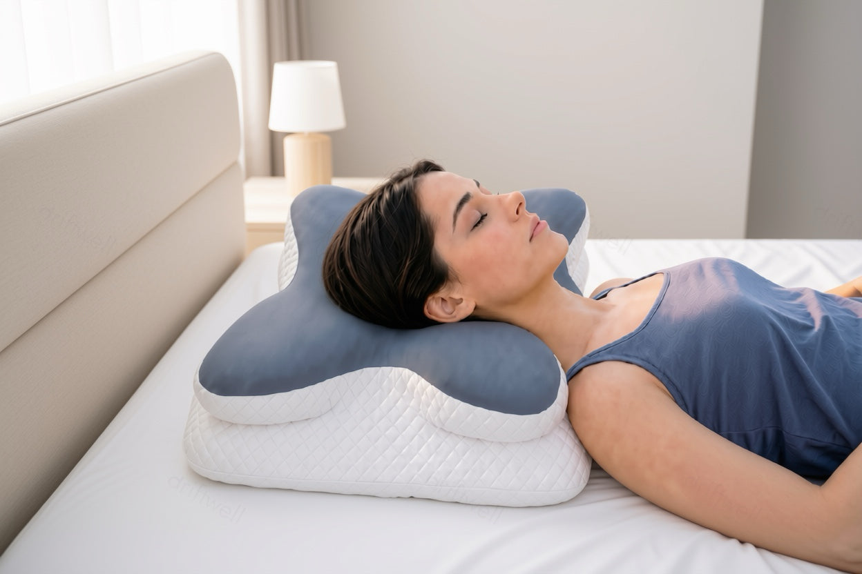 A sleeper resting on the Contour Pillow, head in the centre hollow and neck carried by the raised edge
