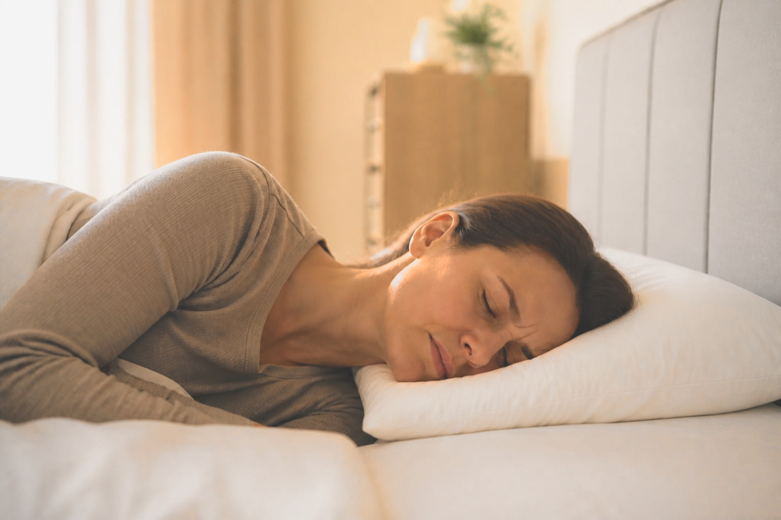 A side sleeper on an ordinary flat pillow, her brow furrowed and her neck bent away from her spine