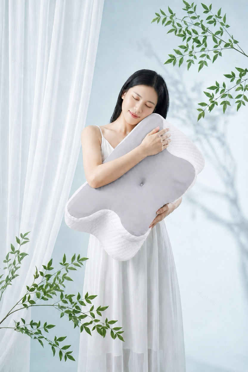A woman holding the Driftwell Contour Pillow beside a bright window