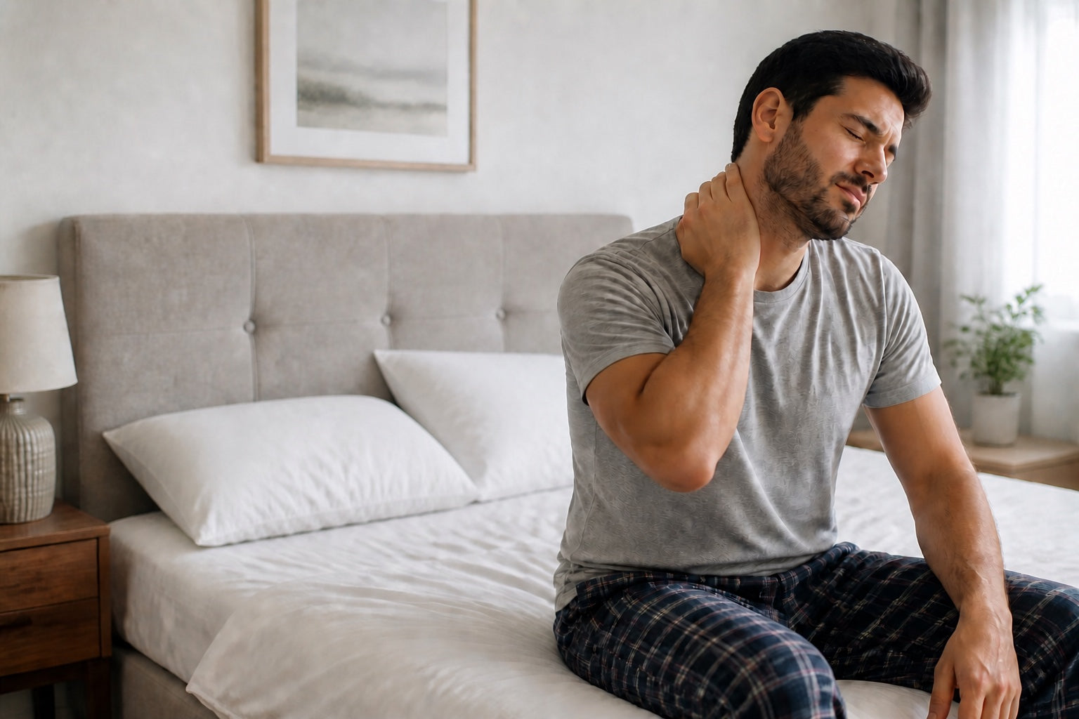 A man sitting on the edge of the bed in morning light, one hand holding the side of his neck