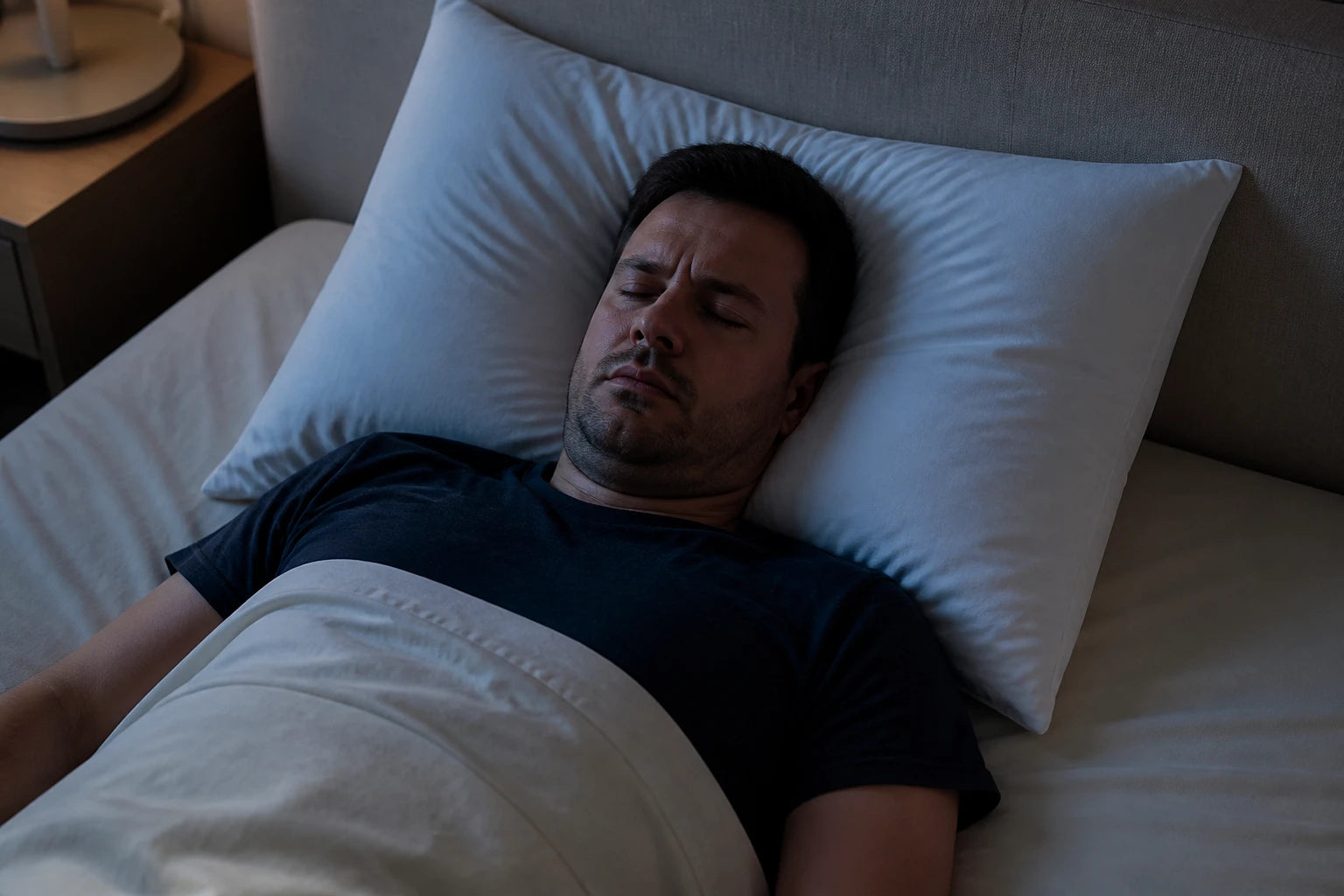 A man asleep on his back with his brow furrowed, head sunk into a flat pillow in a dark bedroom