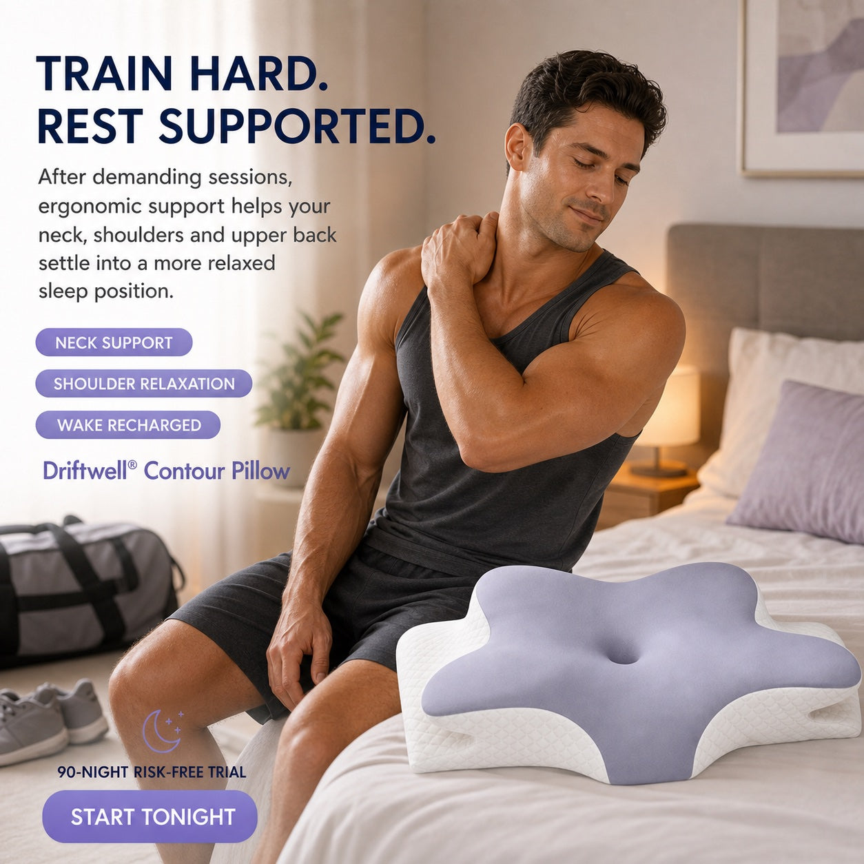 An athlete relaxing his shoulder beside the Driftwell Contour Pillow