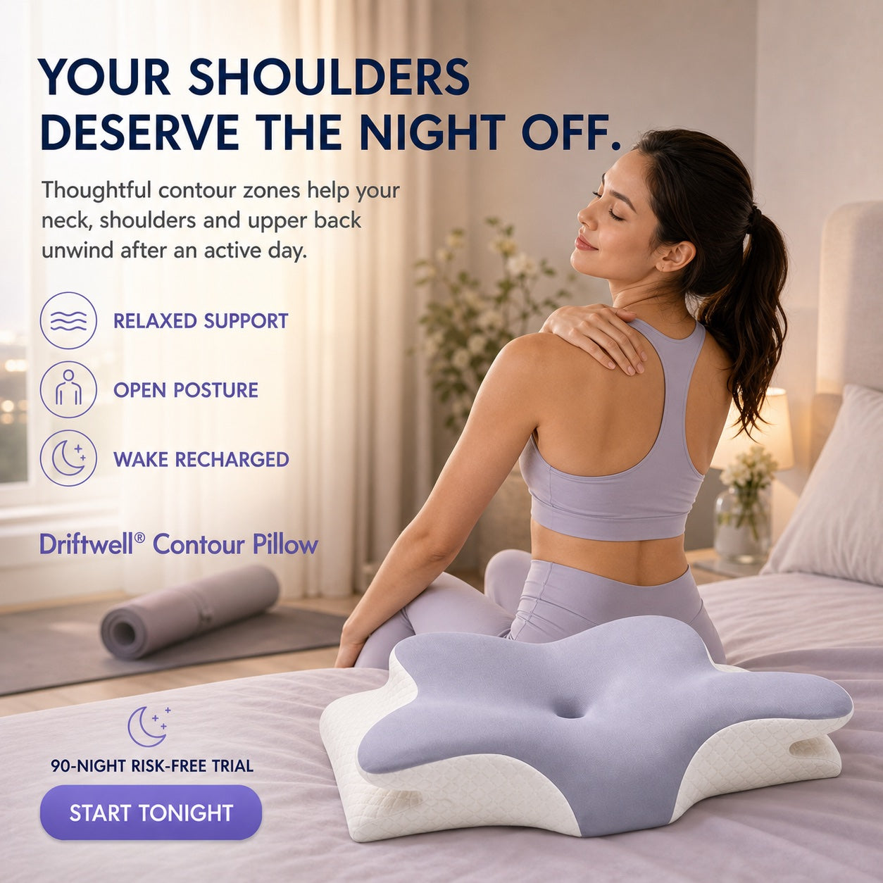 A relaxed woman showing an open shoulder line beside the Driftwell Contour Pillow