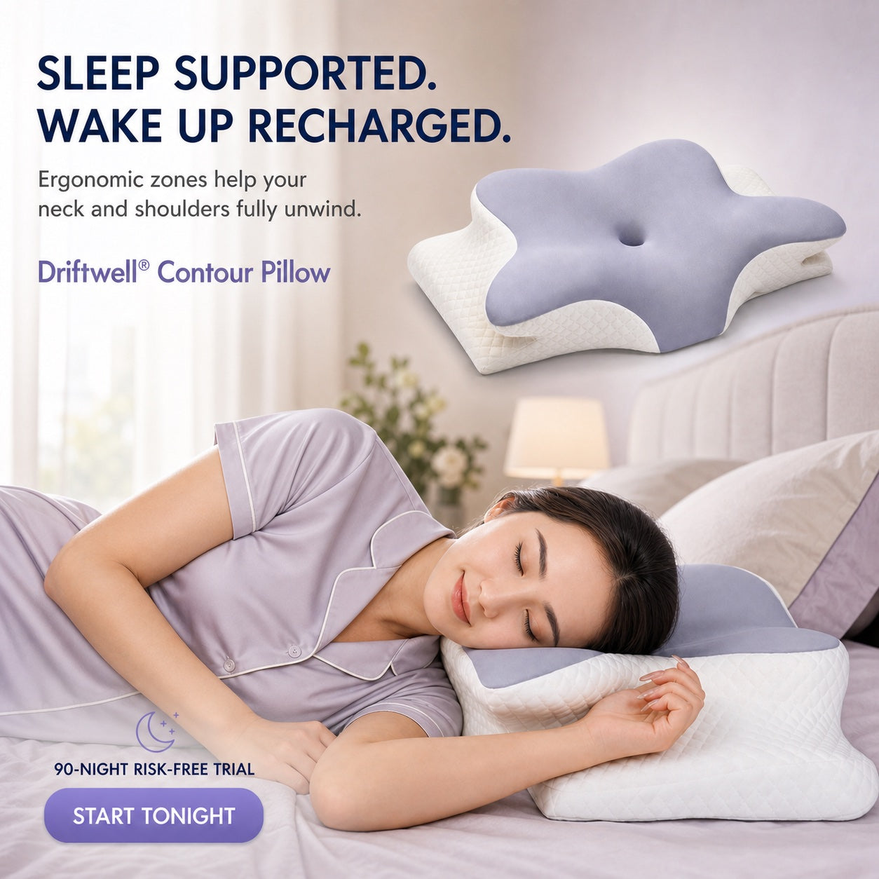 A side sleeper supported by the Driftwell Contour Pillow