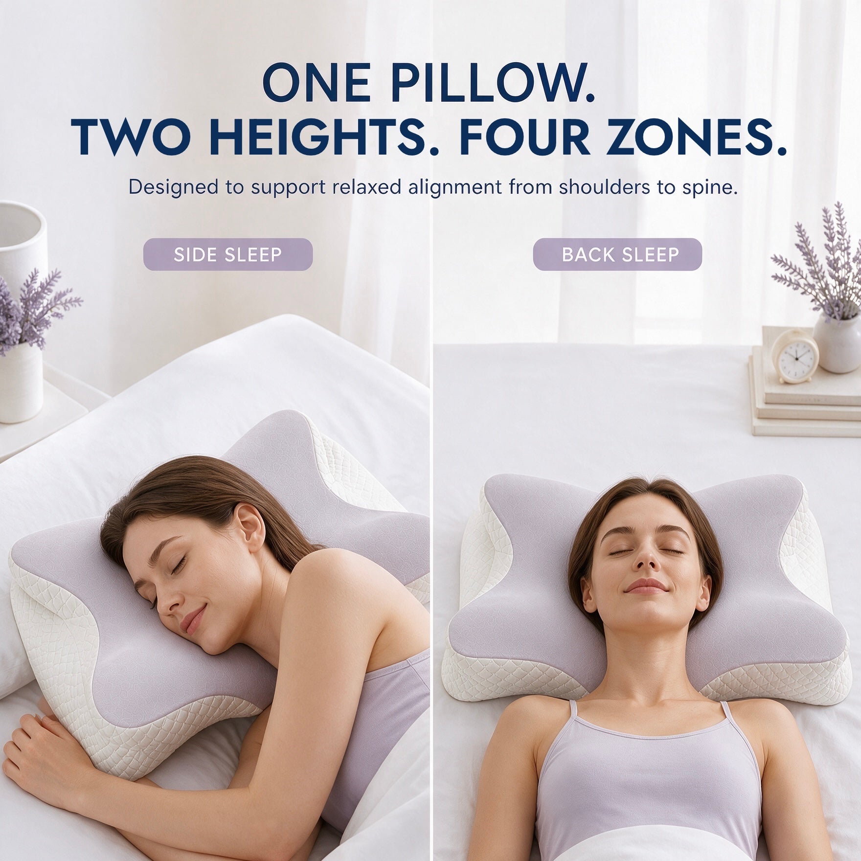 Side- and back-sleeping positions supported by the two heights and four zones of the Driftwell Contour Pillow